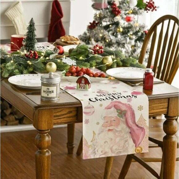 Soft‎ Pink Santa Christmas Table Runner 72"x13" Trees Merry Christmas - Picture 2 of 6